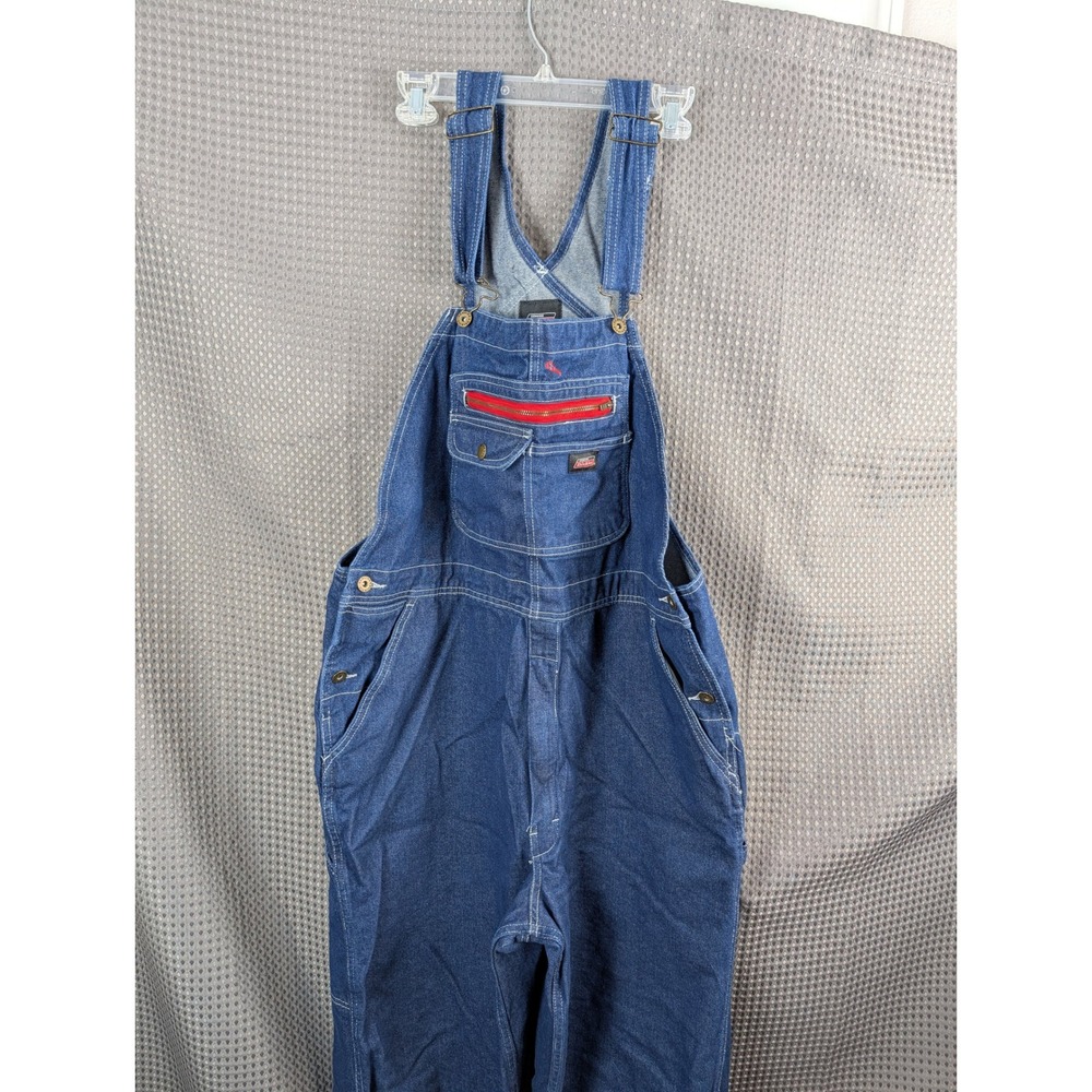 Dickies Denim Overalls Mens L Blue Carpenter Bib Red Zipper Pockets Workwear